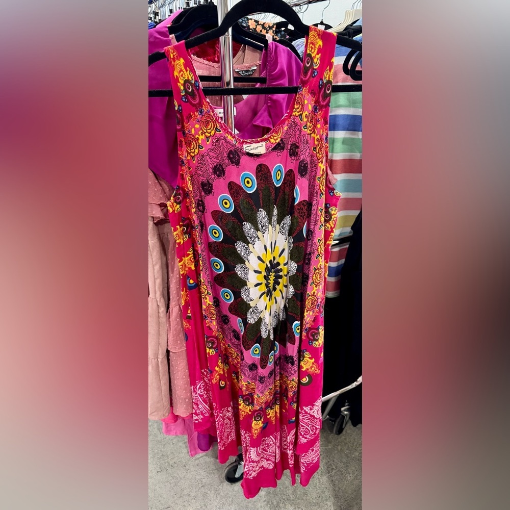 Vibrant Pink Sleeveless Dress with Bold Pattern
